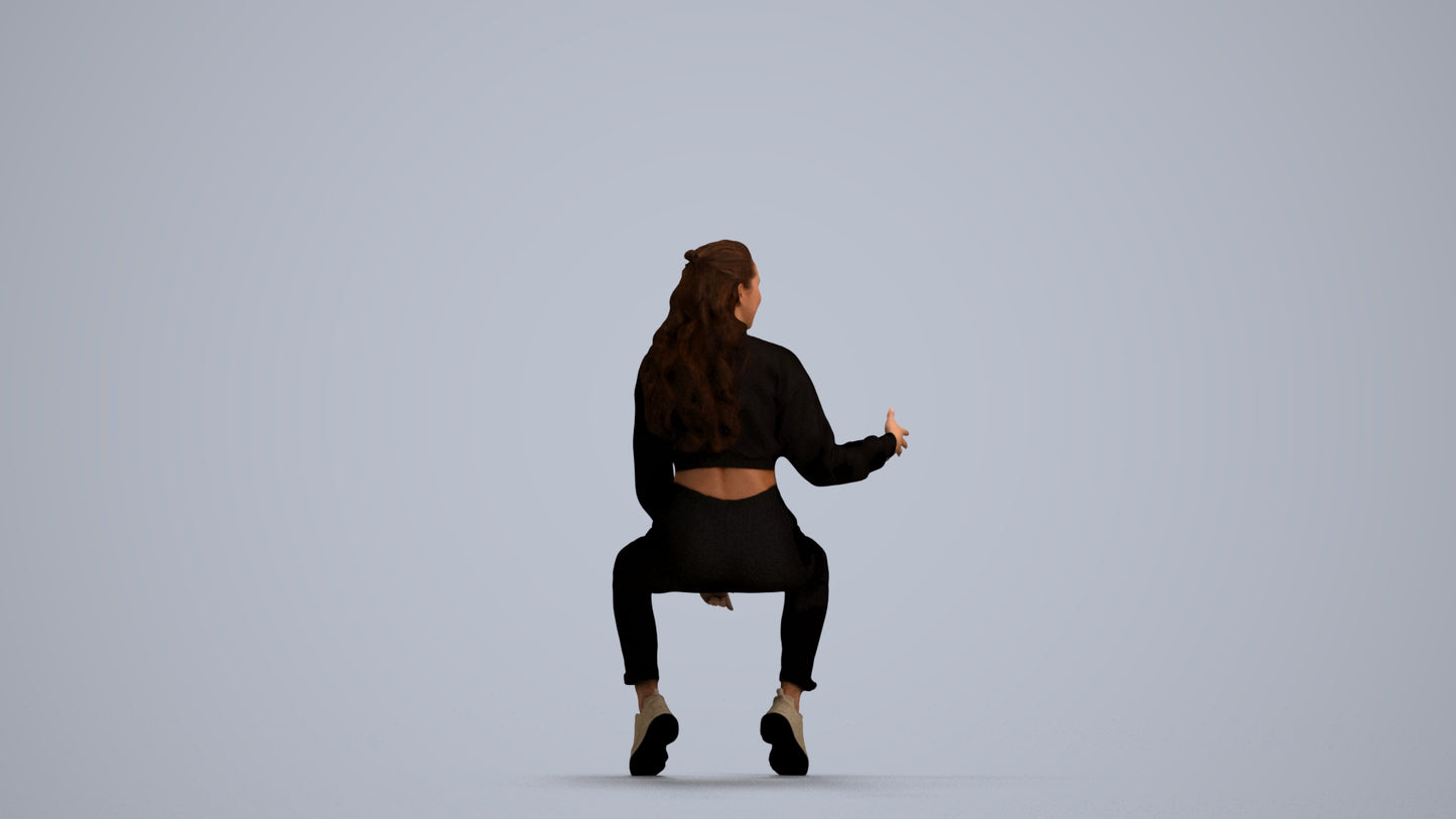 3D people model woman sport sitting, scanned human for 3ds Max rendering, front view render