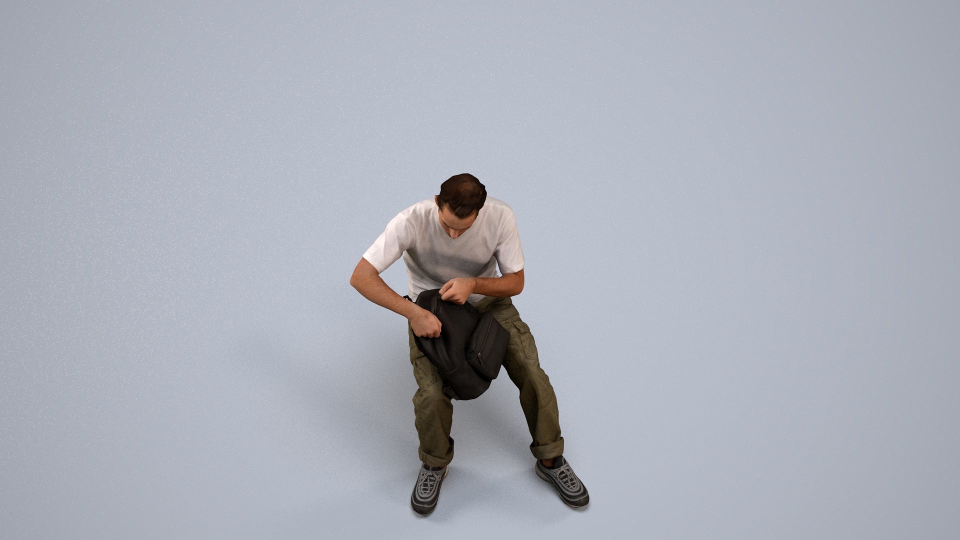 3D human model man casual sitting, photogrammetry scanned person for archviz, back view render