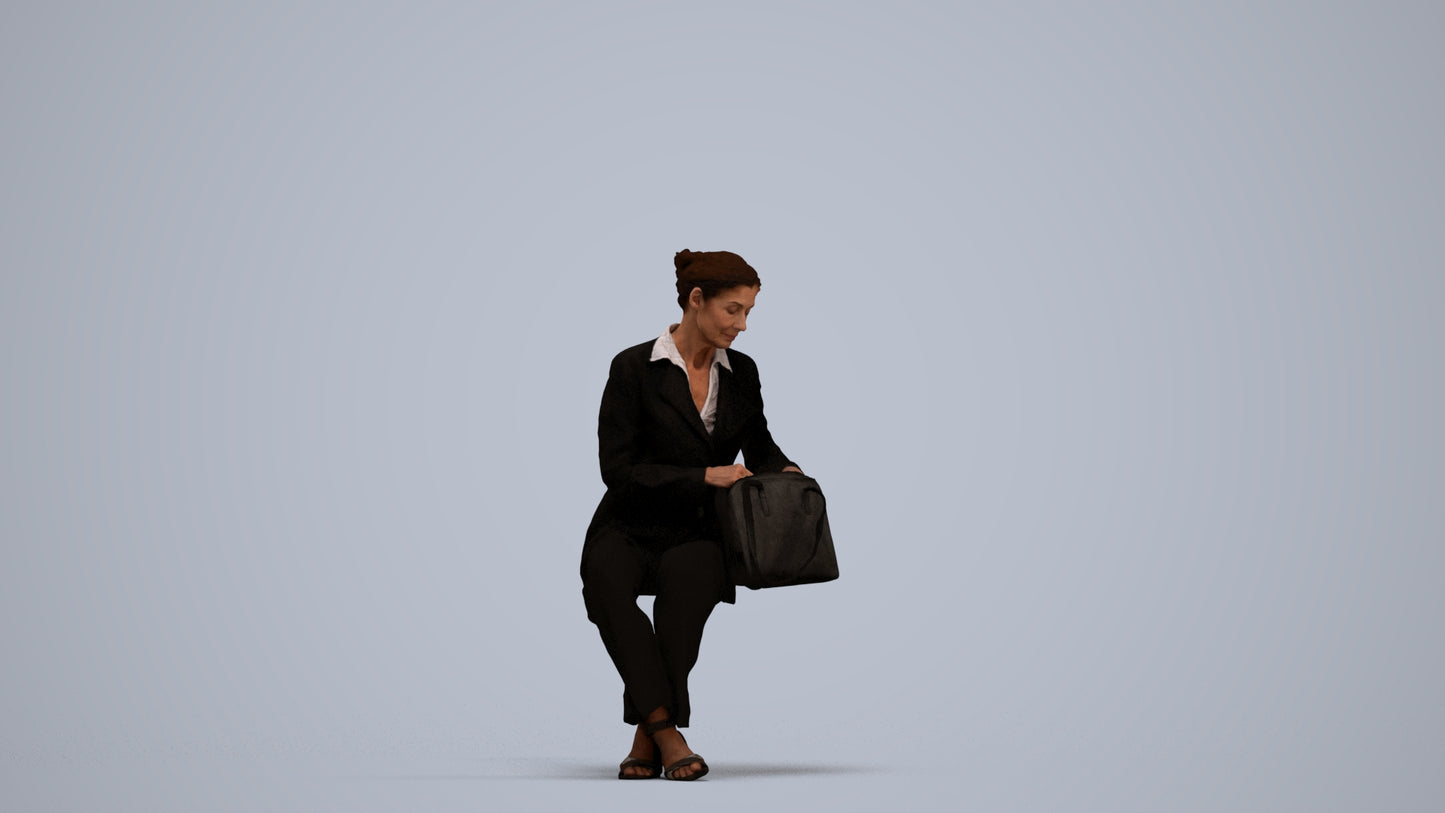 3D human model senior woman business sitting, photogrammetry scanned person for archviz, standing pose render
