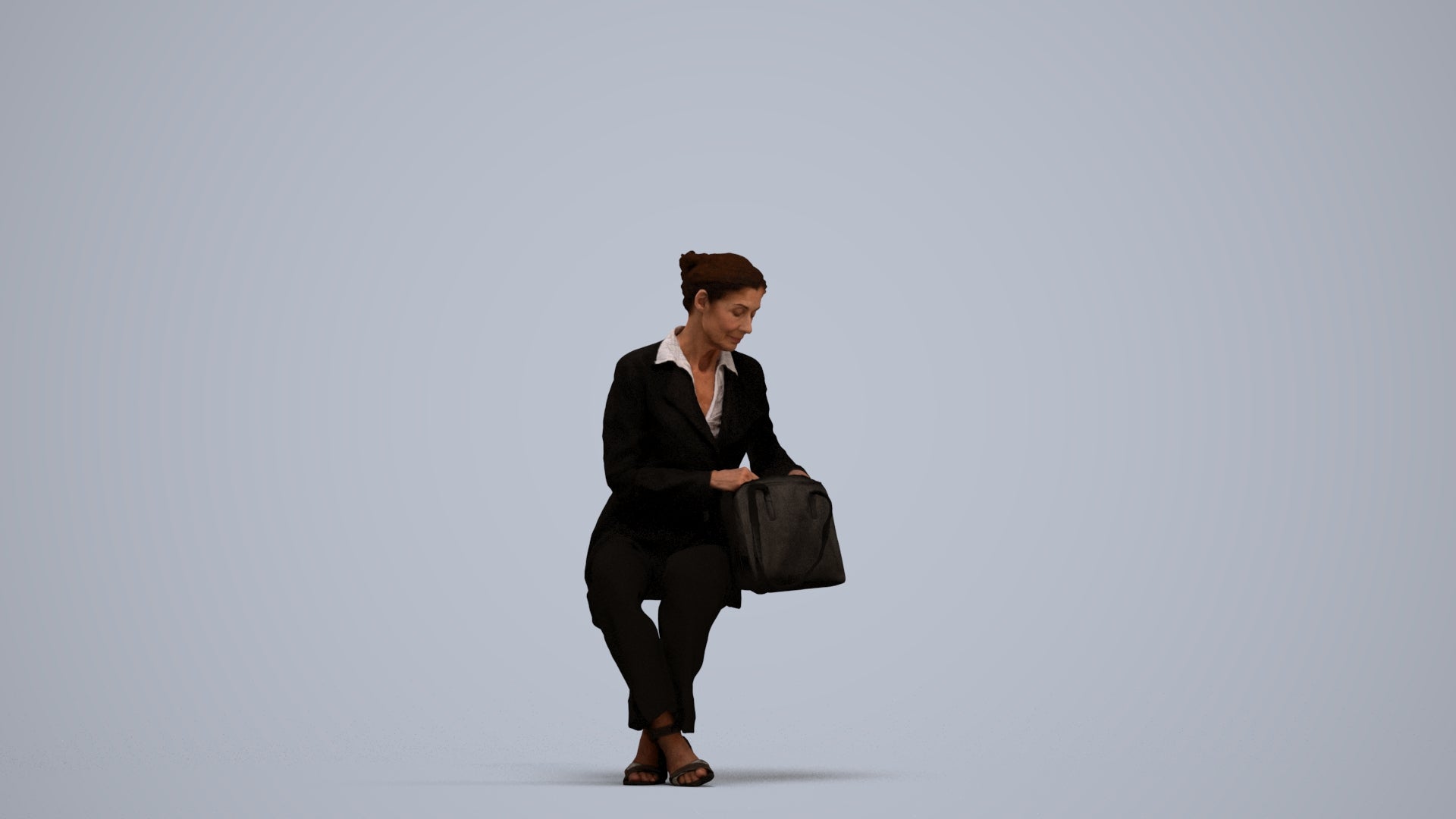 3D human model senior woman business sitting, photogrammetry scanned person for archviz, standing pose render
