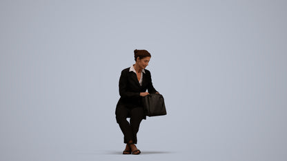 3D human model senior woman business sitting, photogrammetry scanned person for archviz, standing pose render