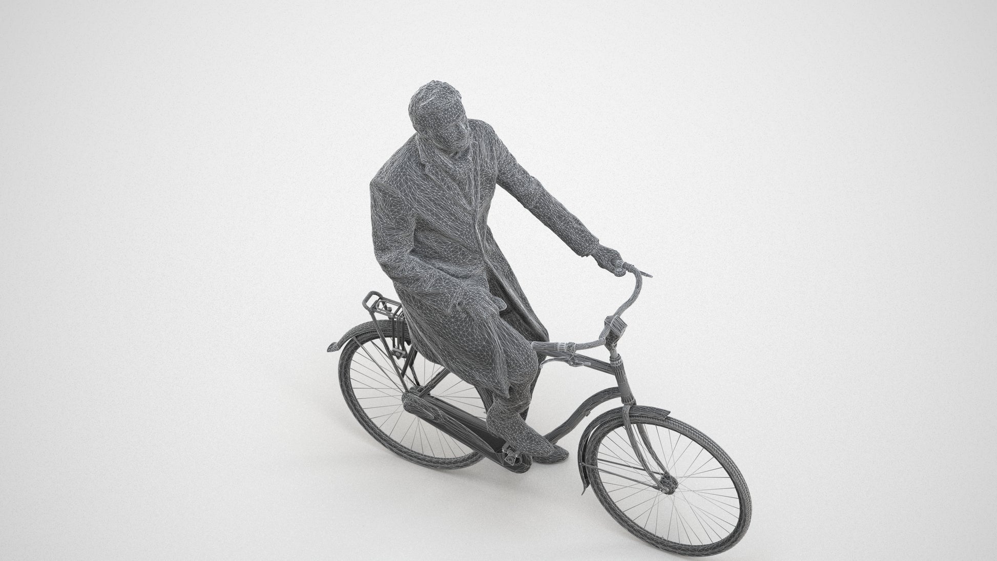 3D scanned man cycling business, photorealistic archviz people for Enscape and SketchUp, wireframe three-quarter view