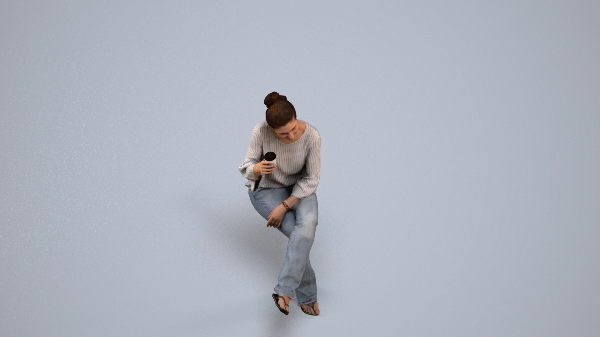 realistic 3D woman casual sitting, scanned archviz people for Blender and 3ds Max, back view render