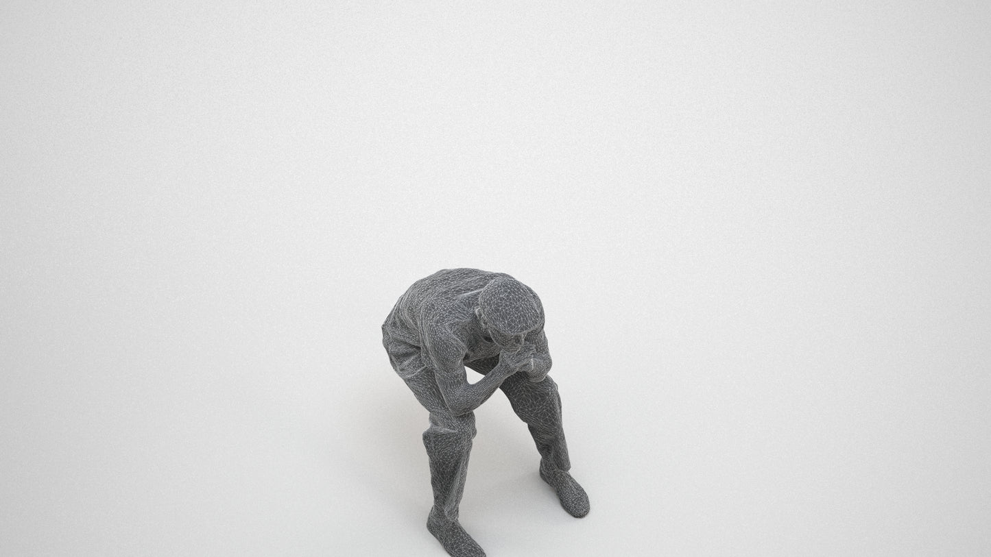3D scanned man sitting casual, photorealistic archviz people for Enscape and SketchUp, wireframe three-quarter view