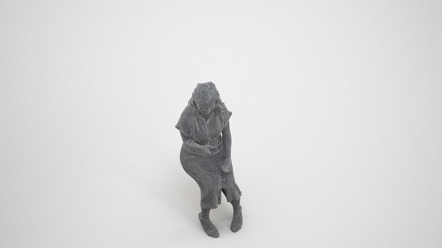 realistic 3D people woman casual sitting, render-ready for V-Ray and Corona, FBX OBJ, wireframe three-quarter view