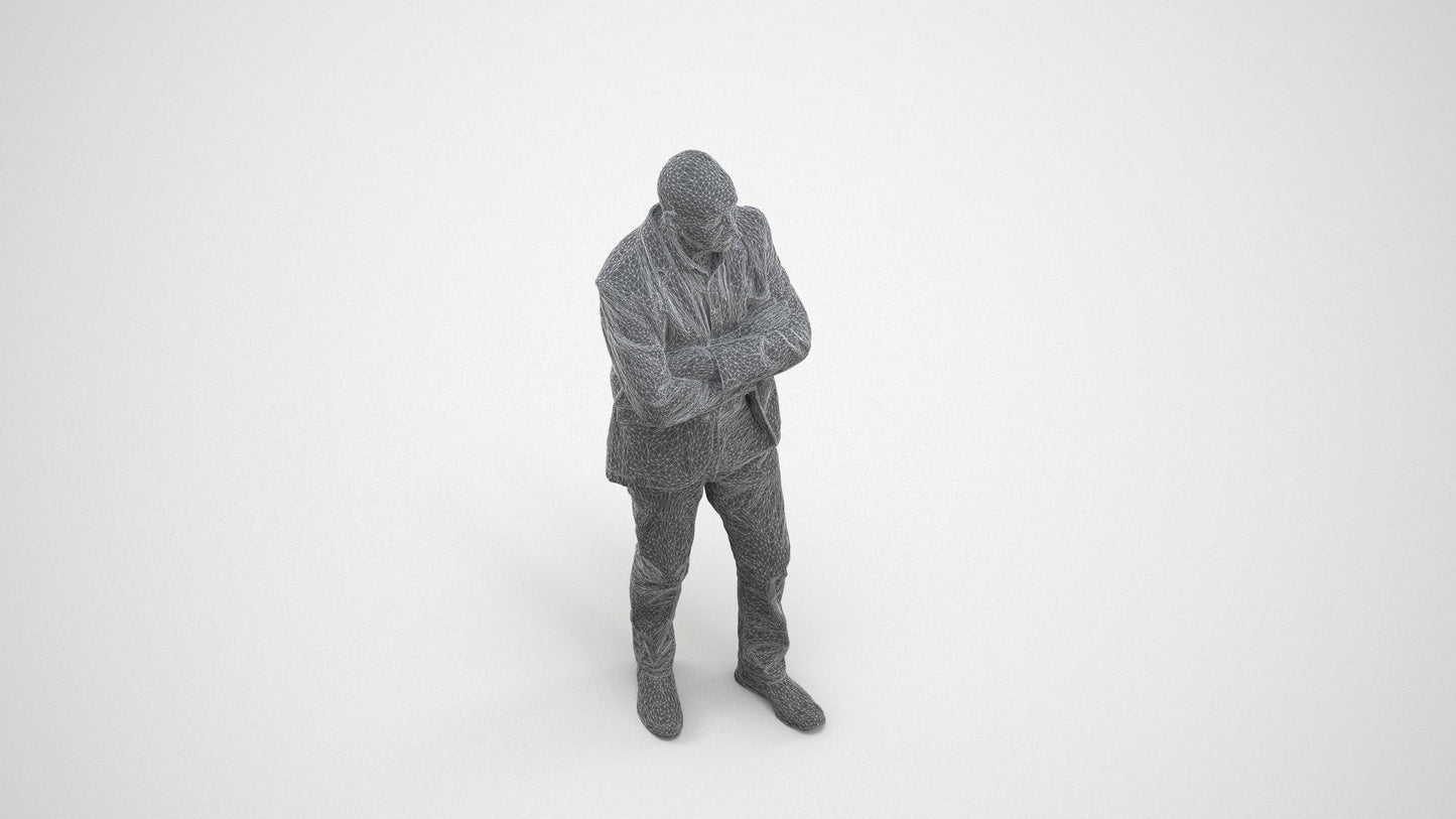 3D human model senior man business, photogrammetry scanned person for archviz, wireframe three-quarter view