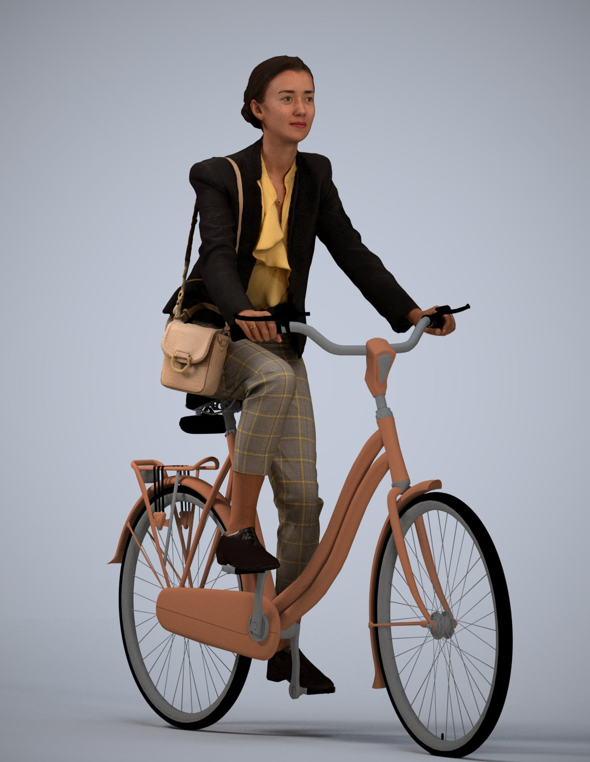 realistic 3D woman business cycling, scanned archviz people for Blender and 3ds Max