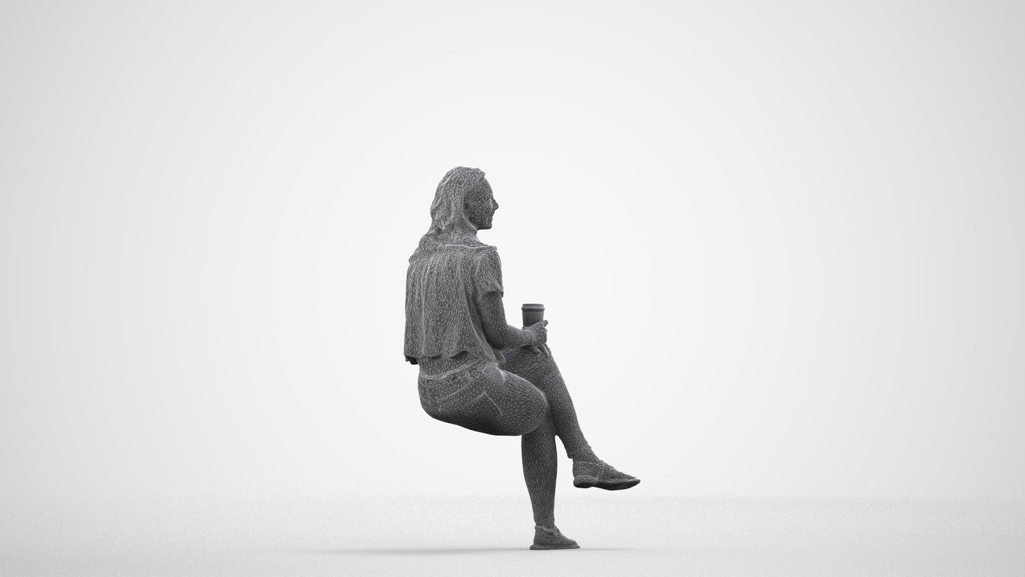 realistic 3D people woman casual sitting, render-ready for V-Ray and Corona, FBX OBJ, wireframe side view