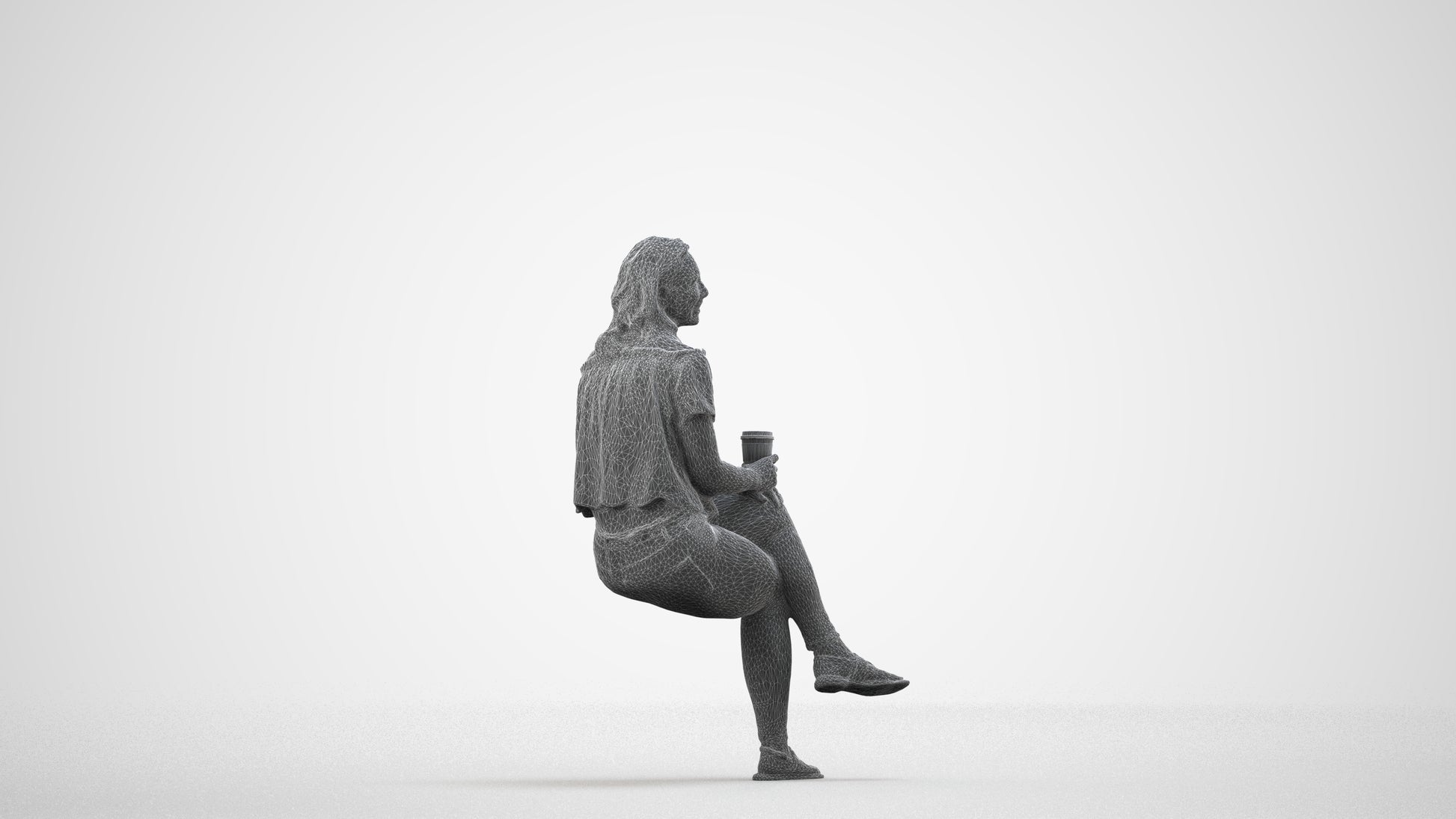 realistic 3D people woman casual sitting, render-ready for V-Ray and Corona, FBX OBJ, wireframe side view