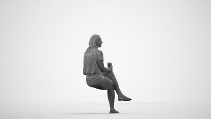 realistic 3D people woman casual sitting, render-ready for V-Ray and Corona, FBX OBJ, wireframe side view