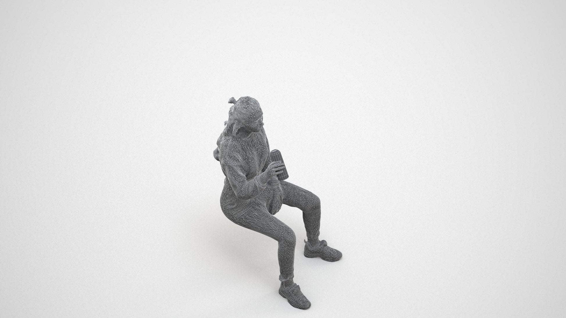 scanned 3D woman sport sitting, photogrammetry people for Enscape and V-Ray, wireframe three-quarter view