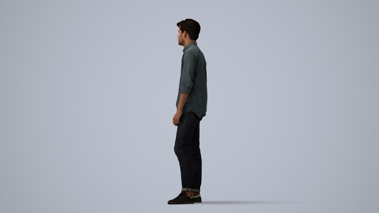 photogrammetry 3D man casual standing, realistic human model archviz FBX, three-quarter view render