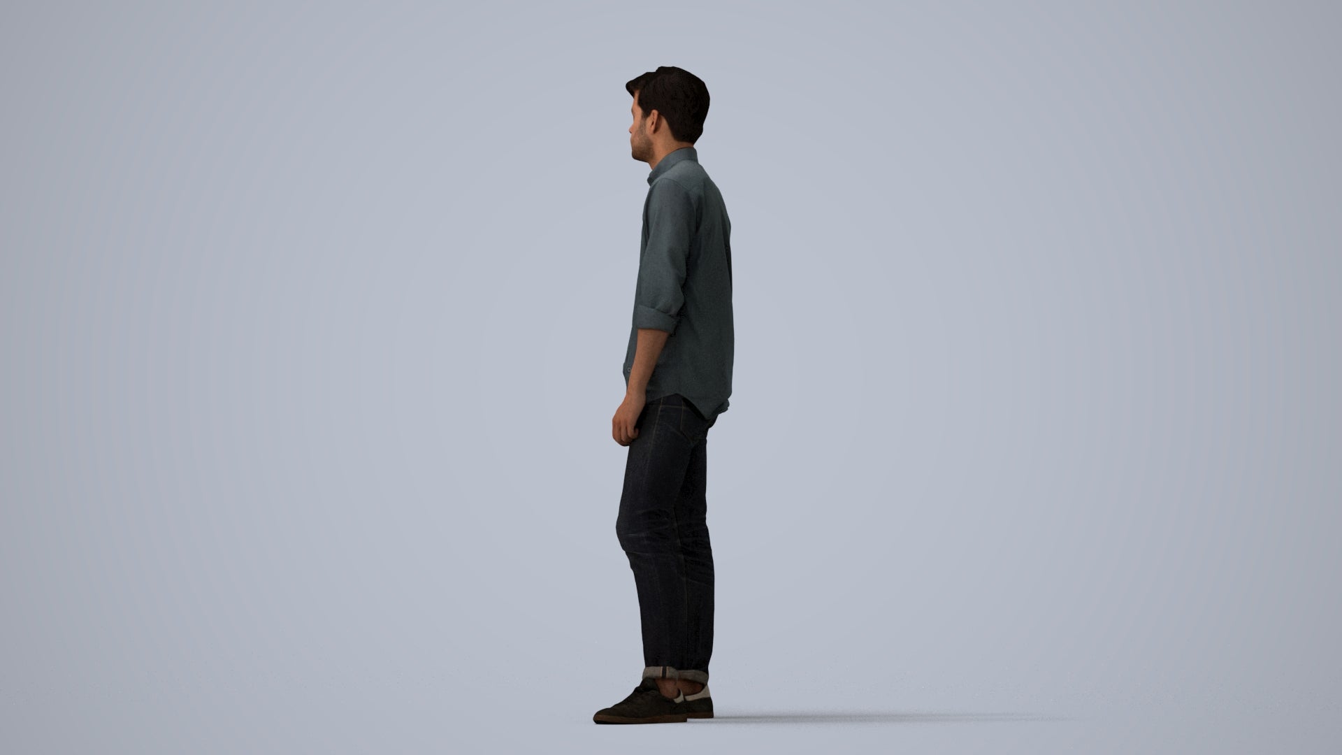 photogrammetry 3D man casual standing, realistic human model archviz FBX, three-quarter view render