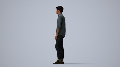 photogrammetry 3D man casual standing, realistic human model archviz FBX, three-quarter view render