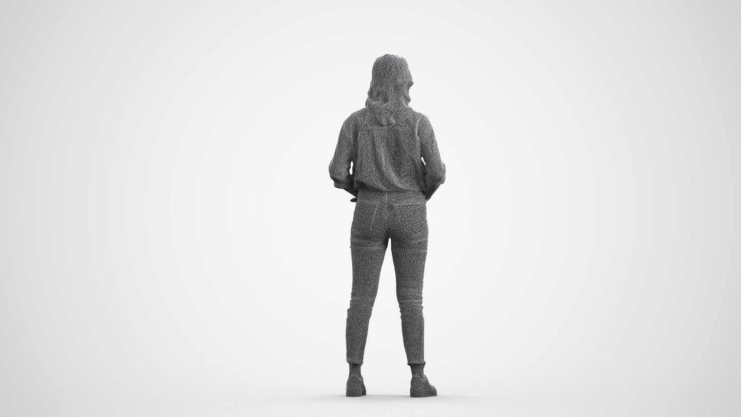 realistic 3D woman casual standing, scanned archviz people for Blender and 3ds Max, wireframe front view
