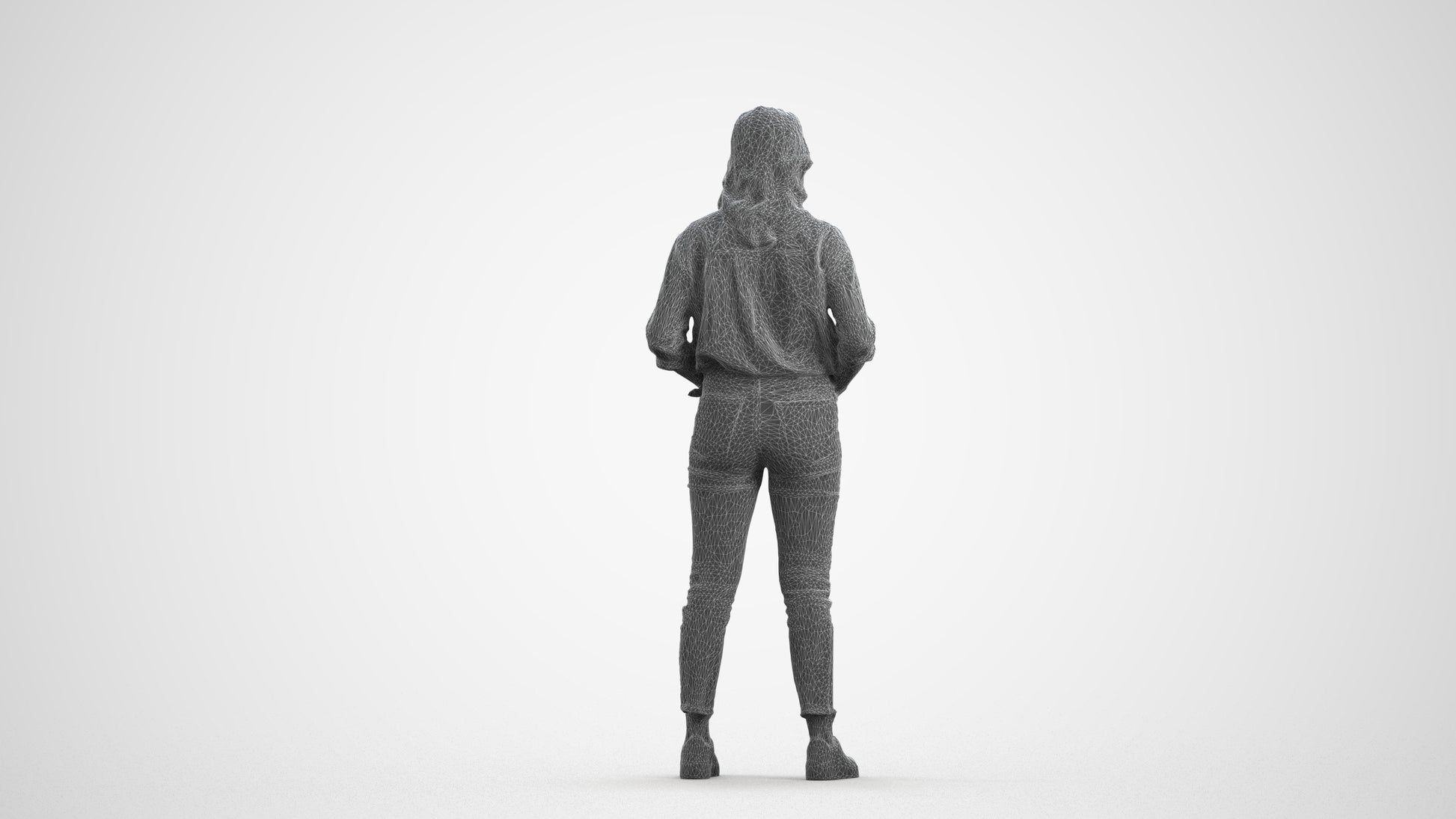 realistic 3D woman casual standing, scanned archviz people for Blender and 3ds Max, wireframe front view