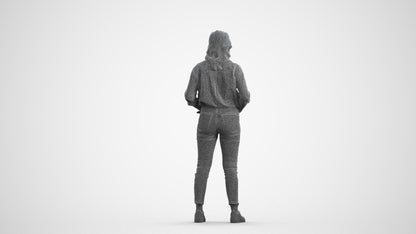 realistic 3D woman casual standing, scanned archviz people for Blender and 3ds Max, wireframe front view