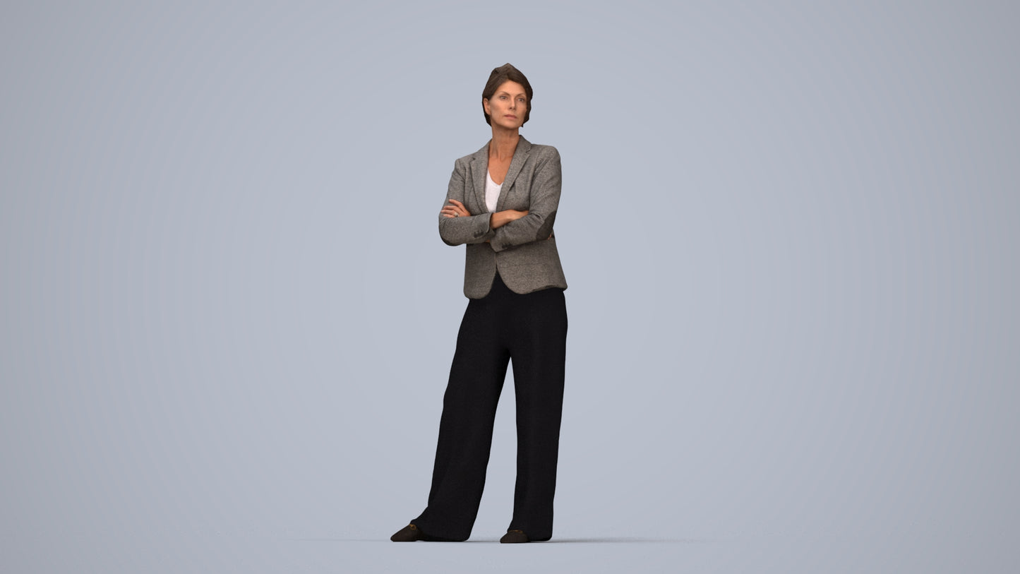 3D human model woman business, photogrammetry scanned person for archviz, top-down view render