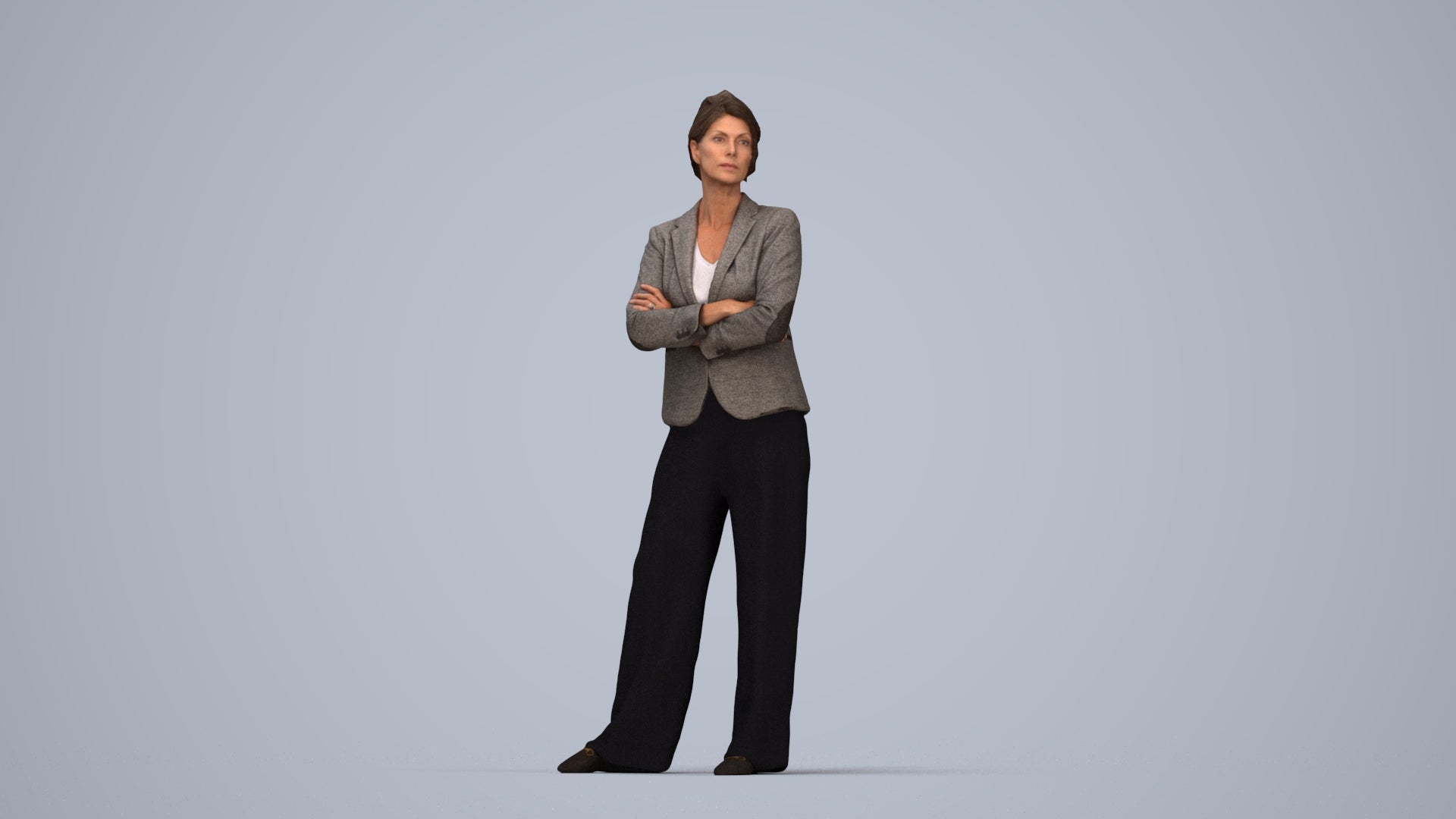 3D human model woman business, photogrammetry scanned person for archviz, top-down view render