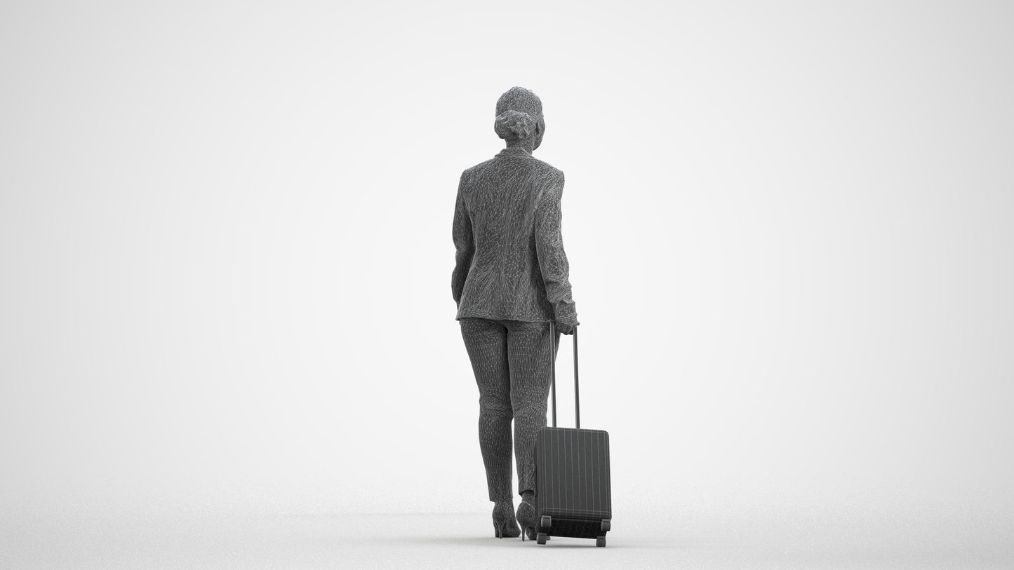 3D scanned woman walking business, photorealistic archviz people for Enscape and SketchUp, wireframe front view