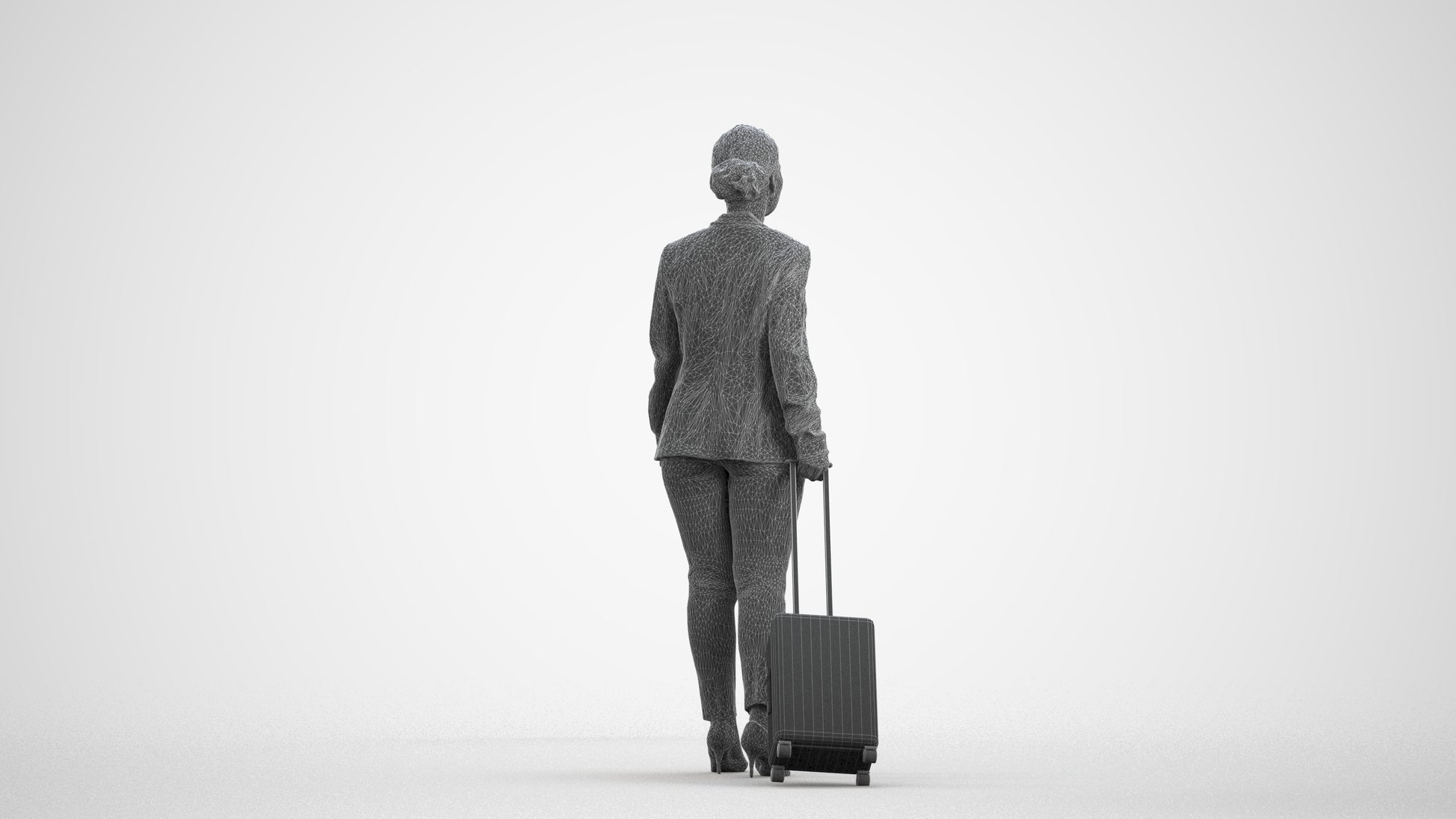 3D scanned woman walking business, photorealistic archviz people for Enscape and SketchUp, wireframe front view