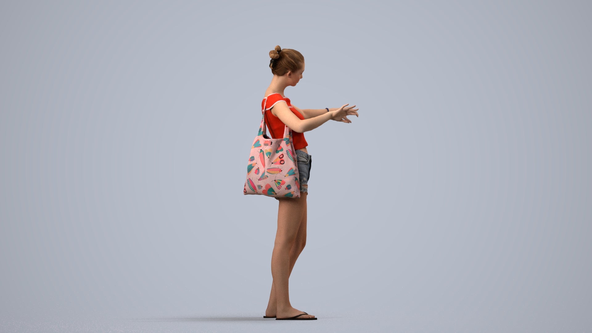 3D scanned girl standing casual, photorealistic archviz people for Enscape and SketchUp, side view render