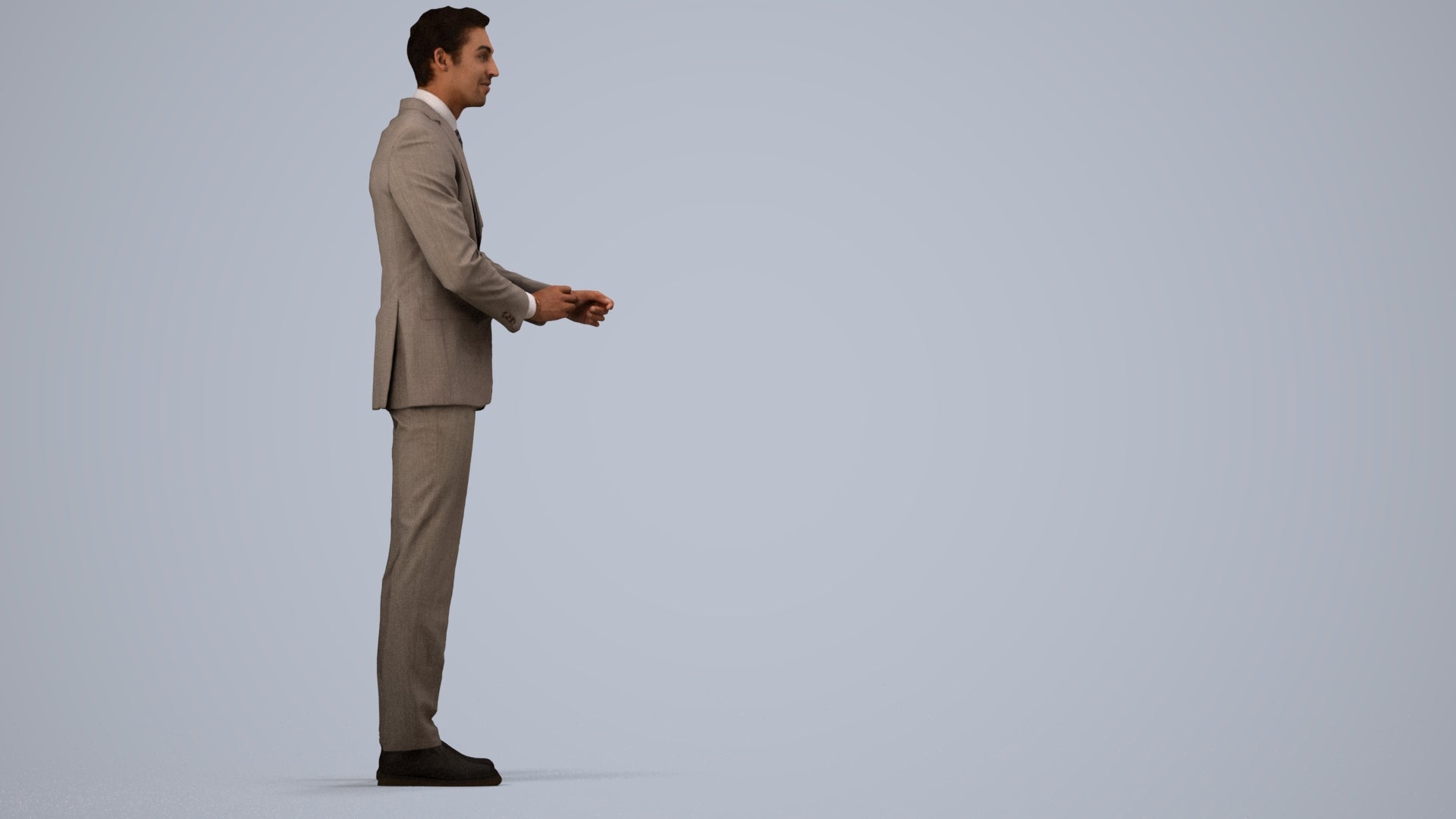 3D human model man business, photogrammetry scanned person for archviz, side view render