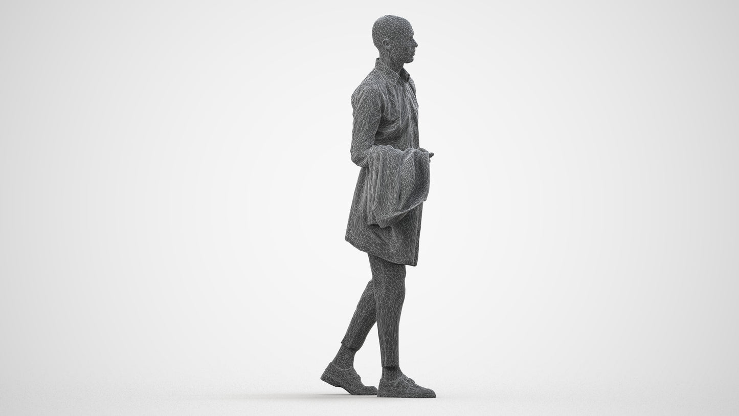 photogrammetry 3D man business walking, realistic human model archviz FBX, wireframe side view