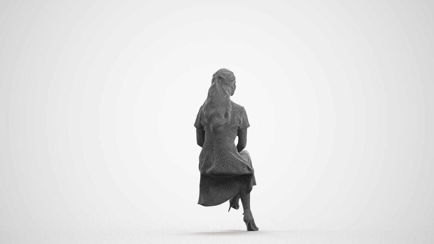 realistic 3D woman casual sitting, scanned archviz people for Blender and 3ds Max, wireframe front view