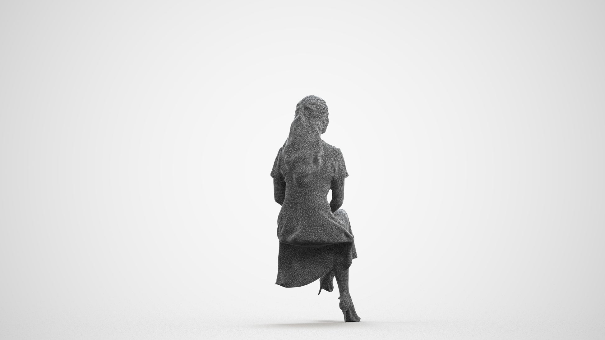 realistic 3D woman casual sitting, scanned archviz people for Blender and 3ds Max, wireframe front view