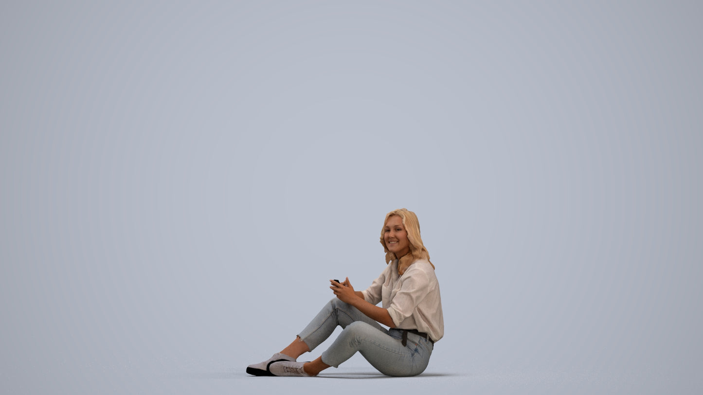 3D human model woman casual sitting, photogrammetry scanned person for archviz, standing pose render