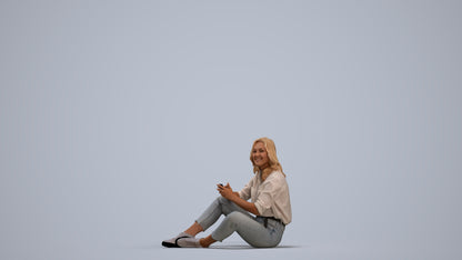 3D human model woman casual sitting, photogrammetry scanned person for archviz, standing pose render