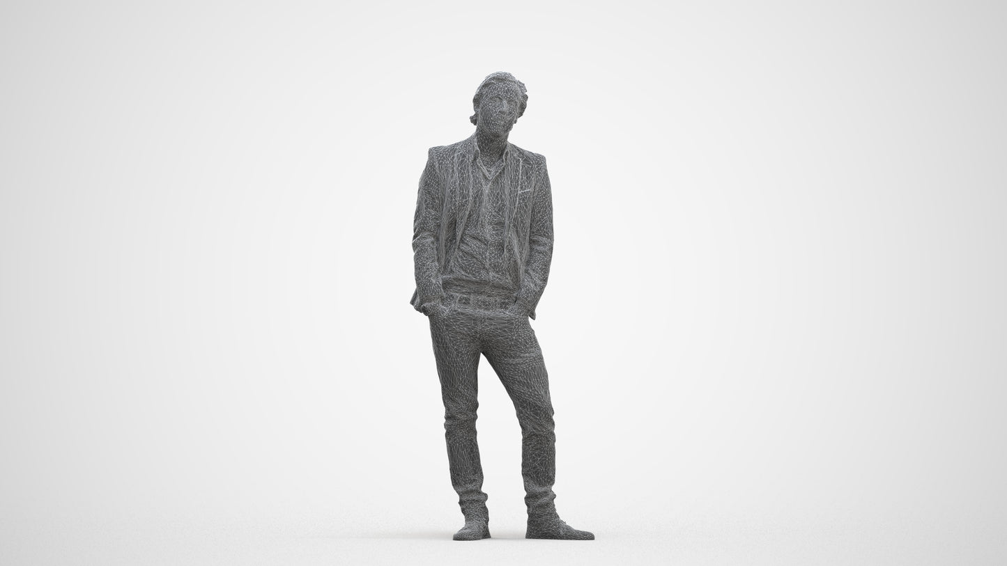 3D human model man business standing, photogrammetry scanned person for archviz, three-quarter front view render
