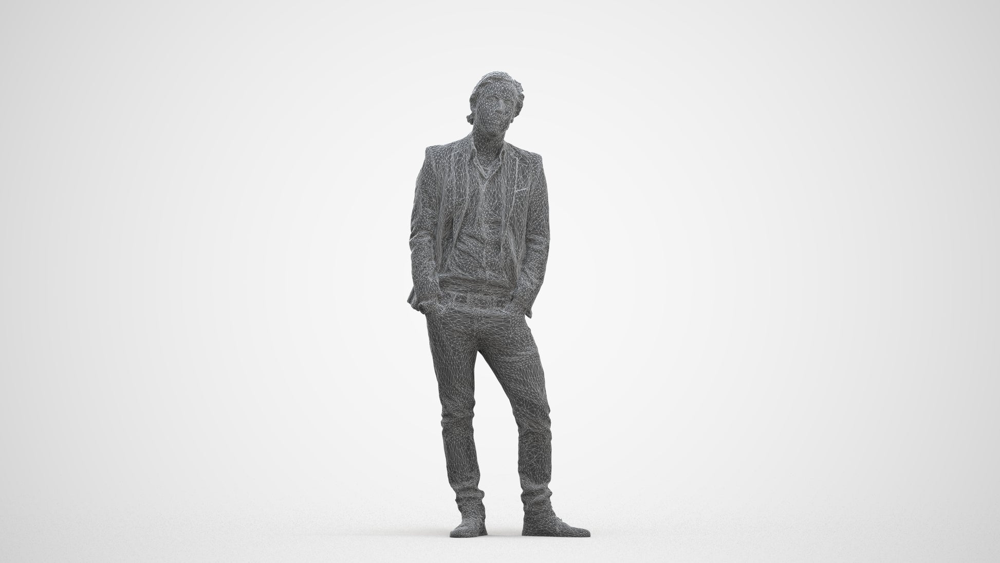 3D human model man business standing, photogrammetry scanned person for archviz, three-quarter front view render