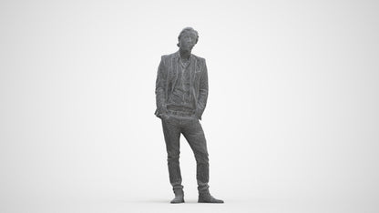 3D human model man business standing, photogrammetry scanned person for archviz, three-quarter front view render