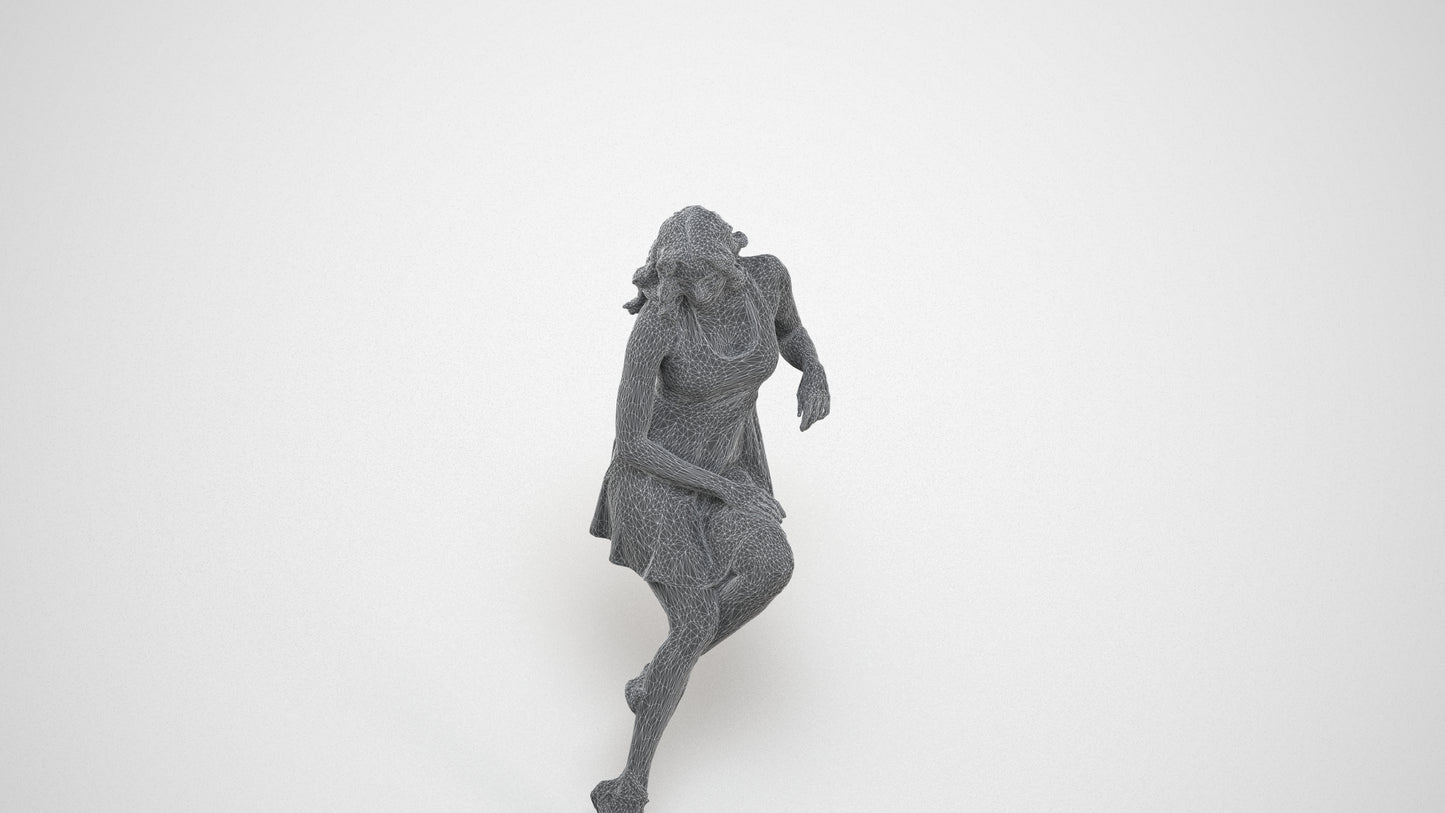 photogrammetry 3D woman sitting, realistic human model archviz FBX, wireframe three-quarter view