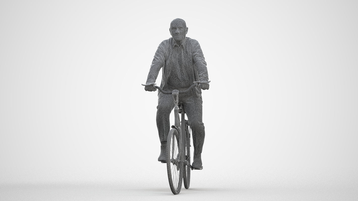 3D human model senior man business cycling, photogrammetry scanned person for archviz, three-quarter front view render