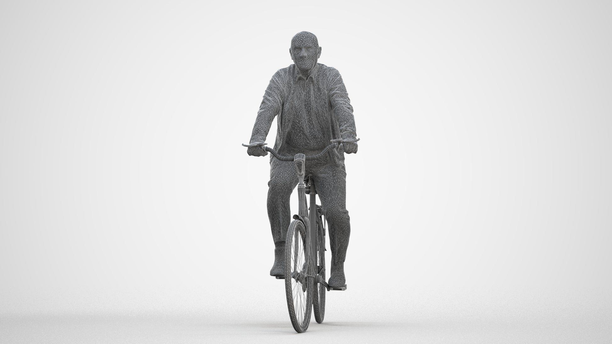 3D human model senior man business cycling, photogrammetry scanned person for archviz, three-quarter front view render