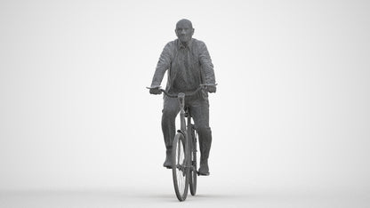 3D human model senior man business cycling, photogrammetry scanned person for archviz, three-quarter front view render