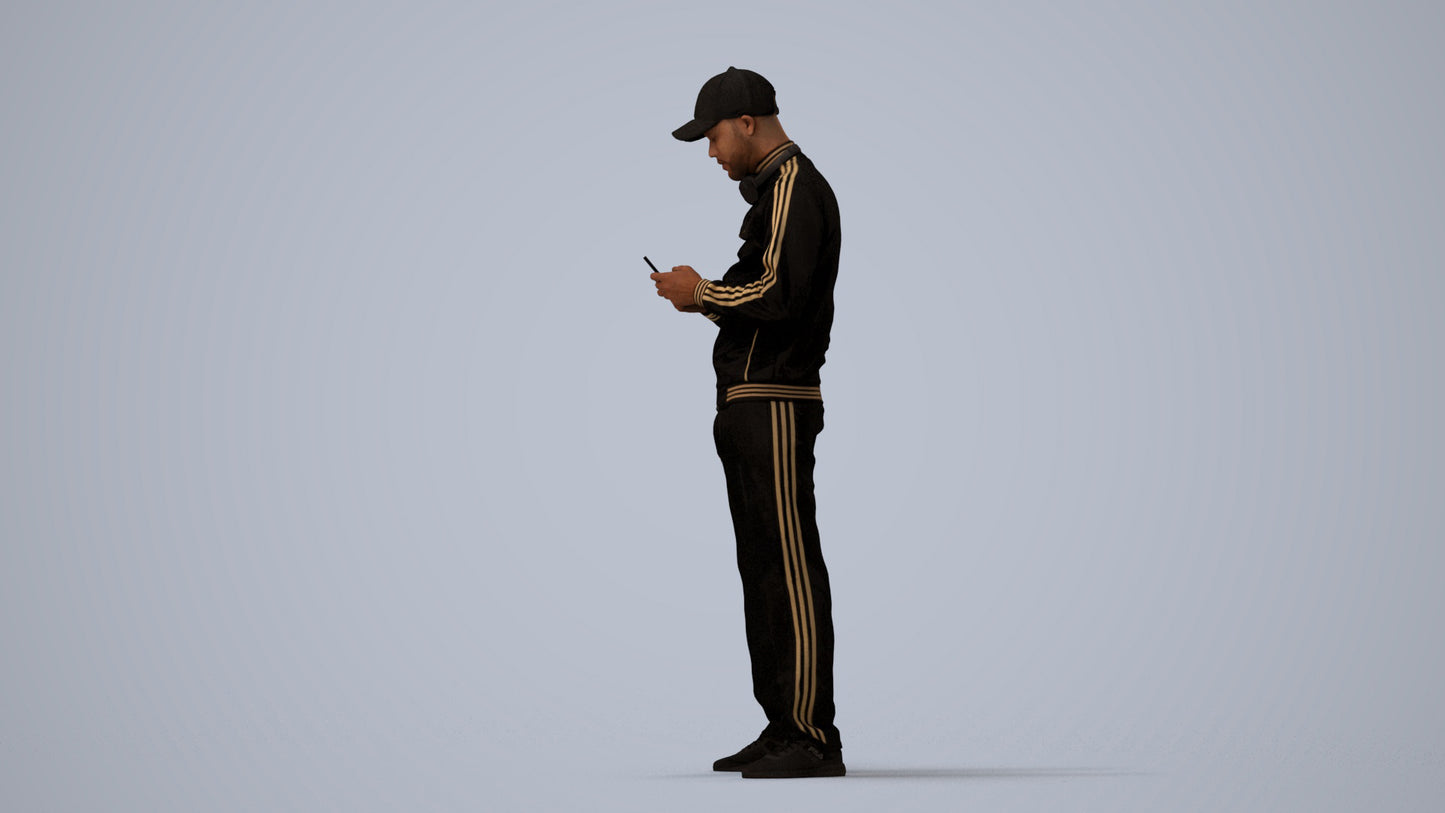 3D human model man sport standing, photogrammetry scanned person for archviz, three-quarter view render