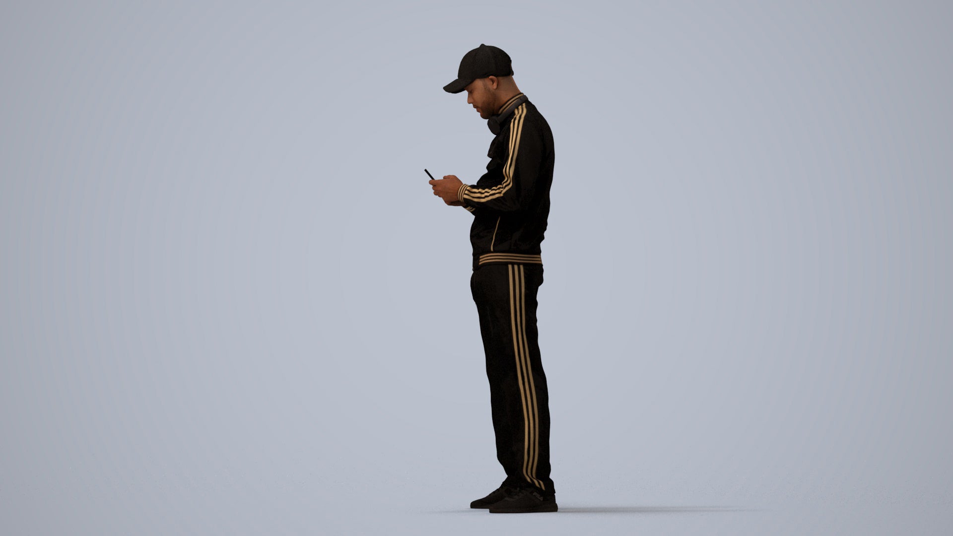 3D human model man sport standing, photogrammetry scanned person for archviz, three-quarter view render