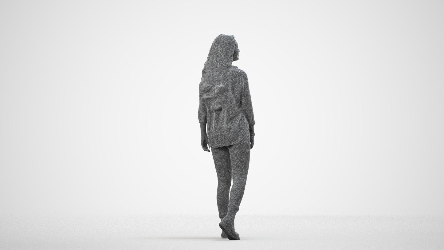 realistic 3D human woman casual walking, archviz people FBX OBJ for Blender, wireframe side view