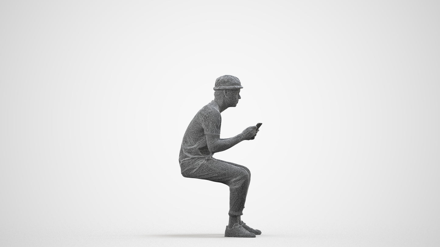 scanned 3D man casual sitting, photogrammetry people for Enscape and V-Ray, wireframe side view
