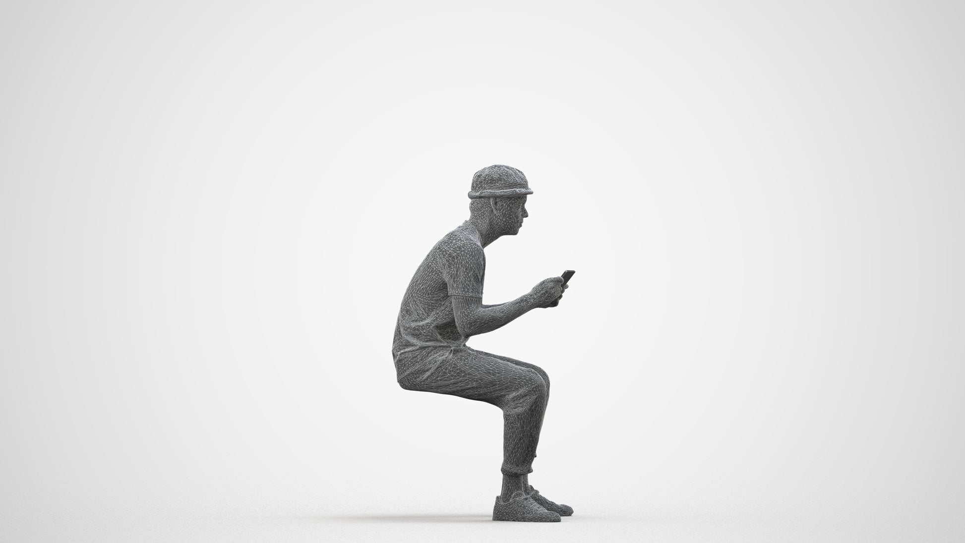 scanned 3D man casual sitting, photogrammetry people for Enscape and V-Ray, wireframe side view