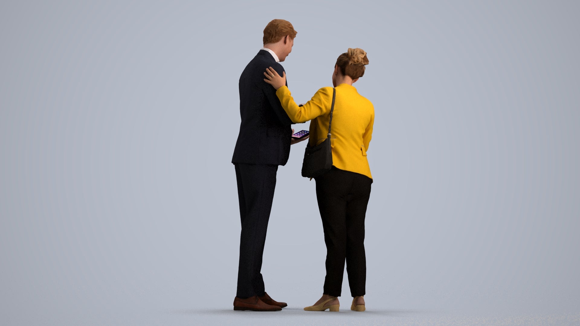 3D human model woman business, photogrammetry scanned person for archviz, front view render
