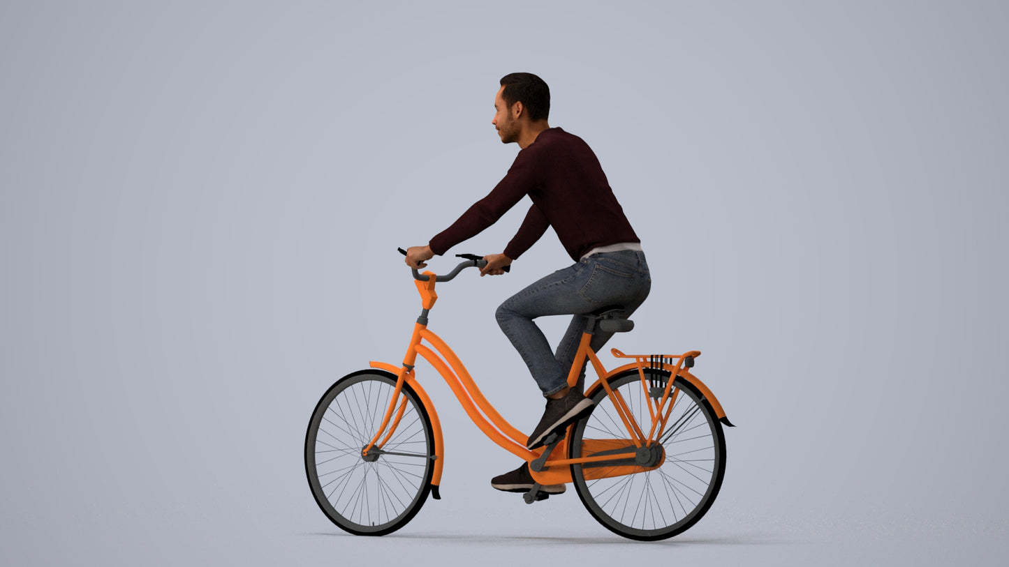 realistic 3D man casual cycling, scanned archviz people for Blender and 3ds Max, three-quarter view render