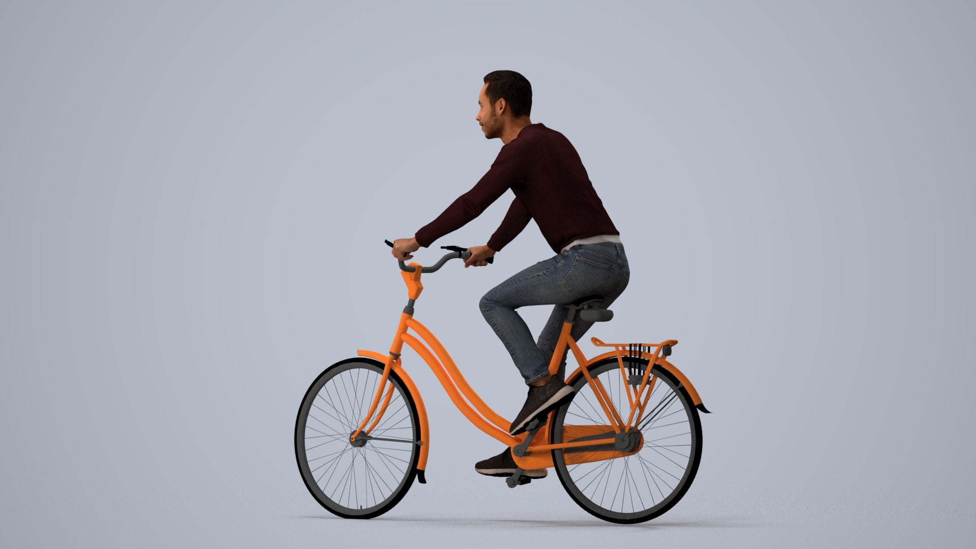 realistic 3D man casual cycling, scanned archviz people for Blender and 3ds Max, three-quarter view render