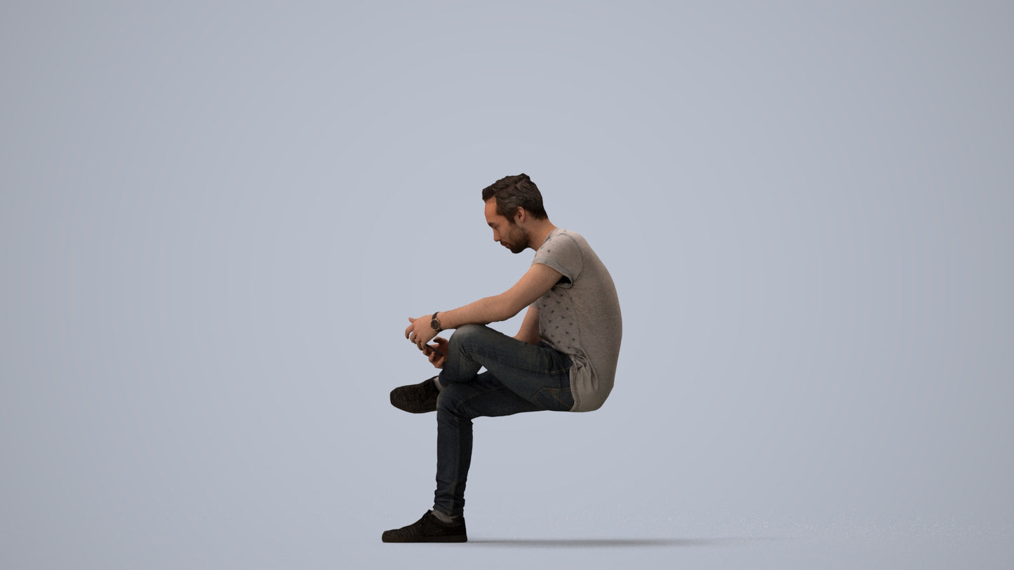 3D scanned man sitting casual, photorealistic archviz people for Enscape and SketchUp, three-quarter view render