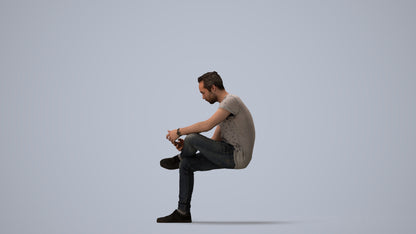 3D scanned man sitting casual, photorealistic archviz people for Enscape and SketchUp, three-quarter view render