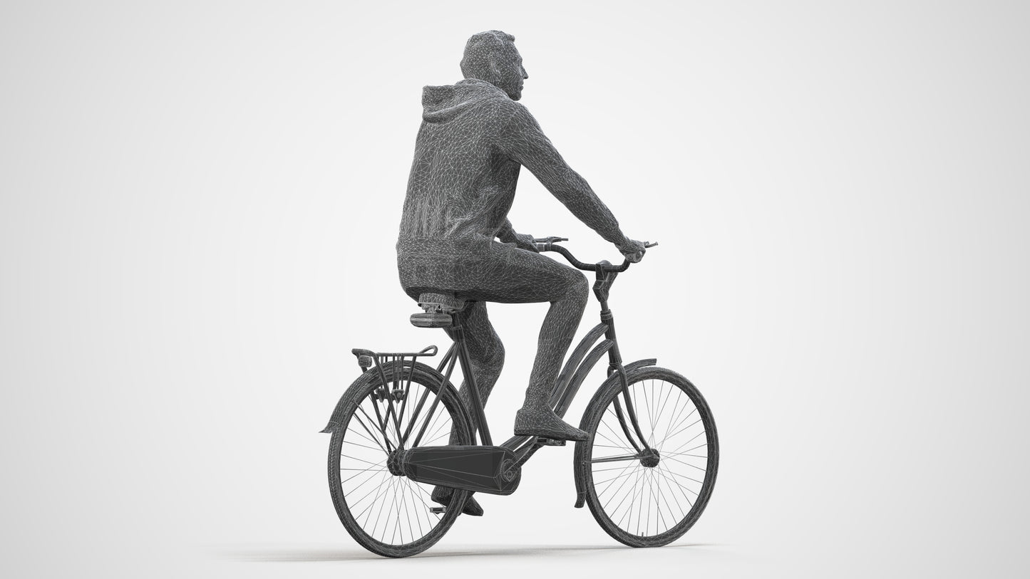 photogrammetry 3D man casual cycling, realistic human model archviz FBX, wireframe side view